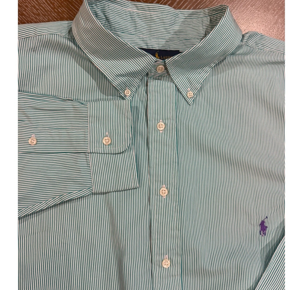 Ralph Lauren Classic Fit Striped Shirt Green White Stripe Purple Pony 3XLT Tall